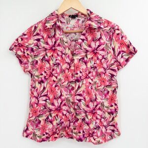 Vintage Y2K Erika Floral Button Down Shirt Womens L Pink 90s Cropped Tropical